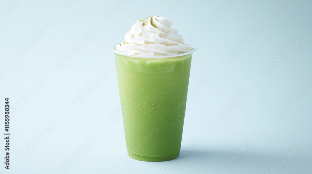 Refreshing iced matcha latte with whipped cream in bright setting for spring beverages Refreshing iced matcha latte with whipped cream in bright setting for spring beverages
