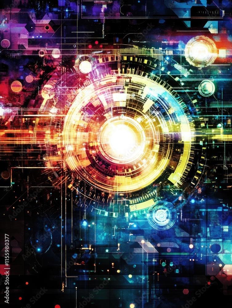 A colorful abstract representation of technology and digital innovation. A colorful abstract representation of technology and digital innovation.