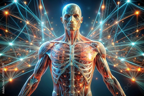 artistic representation of human anatomy surrounded by dynamic glowing networks, symbolizing advanced technology photo