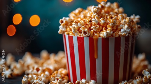 Fresh popcorn in a striped cup with warm bokeh background during a cozy evening