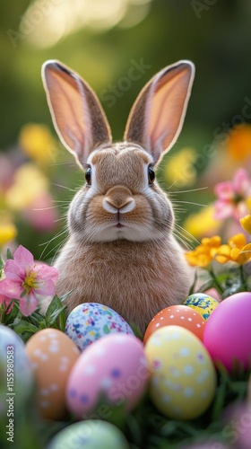 Cute rabbit surrounded by colorful Easter eggs in a vibrant garden setting du...