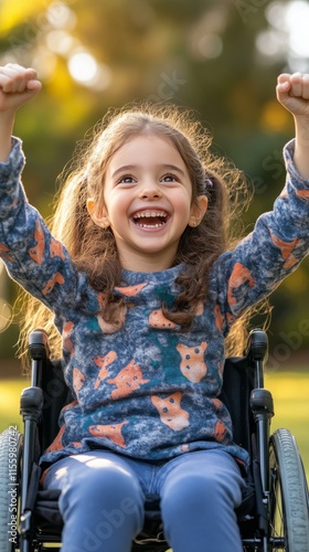 Smiling girl in a wheelchair enjoying a moment indoors surrounded by greenery