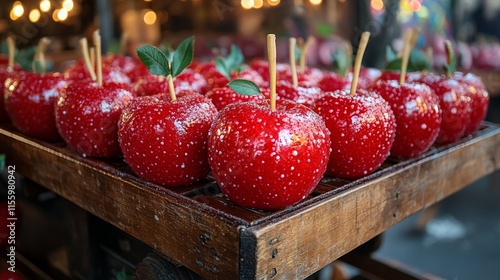 Bright red candy apples arranged on sticks at a festive fair