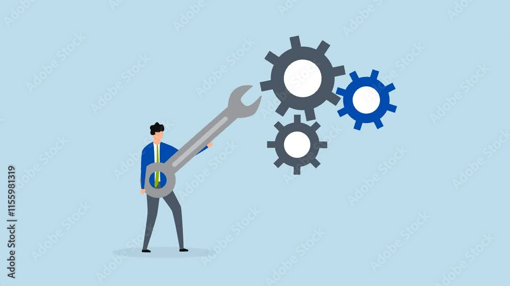 Adjustment and optimization for business improvement, 4k animation of entrepreneur grasping wrench to modify gear cogwheels configuration. Adjustment and optimization for business improvement, 4k animation of entrepreneur grasping wrench to modify gear cogwheels configuration.