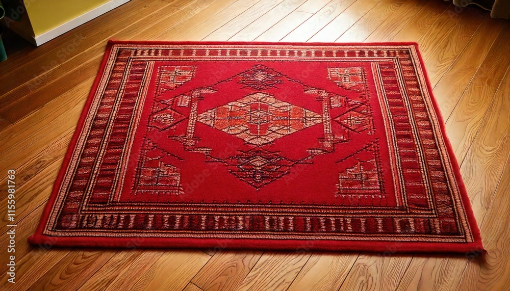 Indoor photo of close-up red oriental Kashan carpet on wooden floor, autumn, positive, film Indoor photo of close-up red oriental Kashan carpet on wooden floor, autumn, positive, film