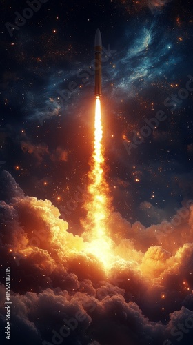 Rocket ascending through clouds in a vibrant cosmic atmosphere during a space...