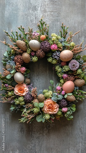 Decorative spring wreath featuring colorful eggs and greenery for seasonal ce...