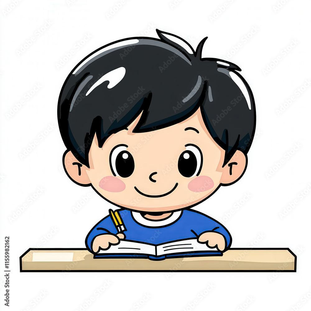 Cheerful young boy studying with a book and pencil, focusing on learning new concepts in a colorful and inviting educational environment Cheerful young boy studying with a book and pencil, focusing on learning new concepts in a colorful and inviting educational environment