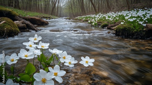 White flowers bloom along a flowing stream in a lush forest during spring