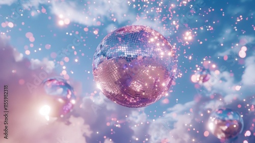 A radiant disco ball reflecting pink and purple sparkles in a dreamy sky with scattered clouds