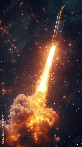 Rocket ascending through clouds in a vibrant cosmic atmosphere during a space...
