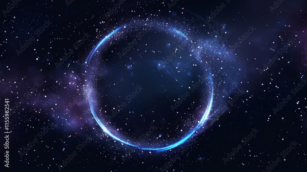 Digital futuristic technological circle in a midnight galaxy with bright glowing light surrounded by stars