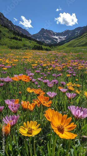 Vibrant wildflower meadow bursting with color in springtime sunshine