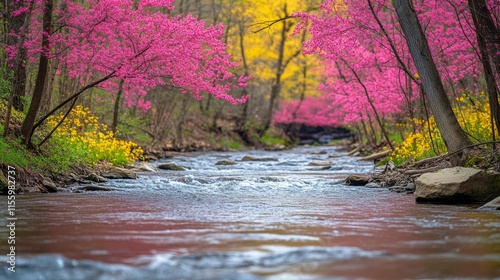 Serene stream flowing through a forest with blooming pink flowers and lush gr...
