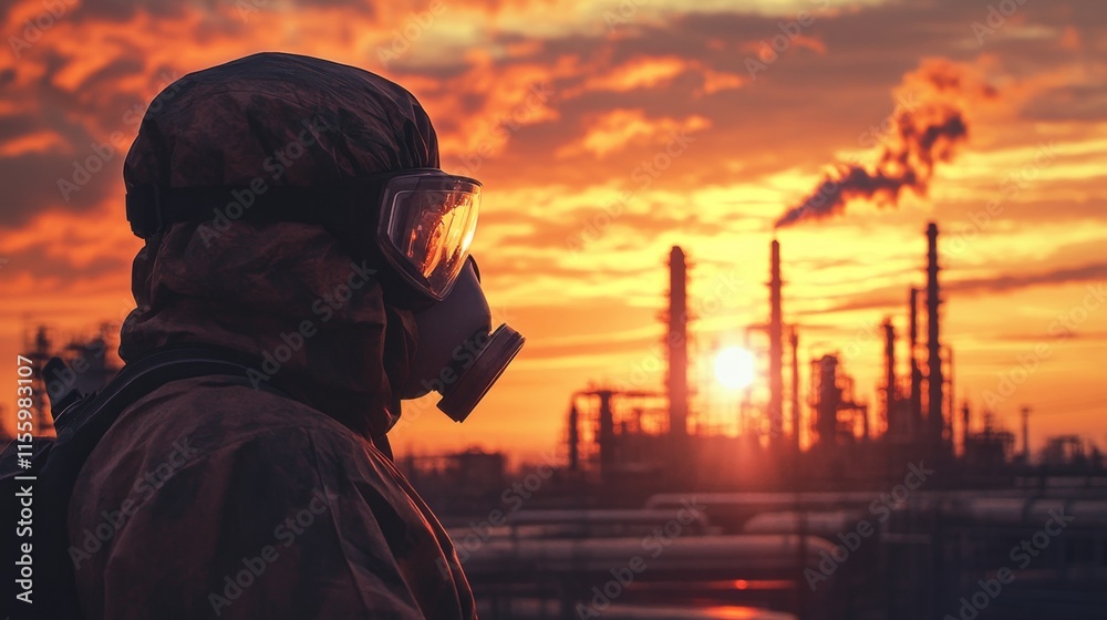 Fototapeta premium Industrial worker in protective gear at sunset oil refinery environmental scene urban landscape dramatic perspective