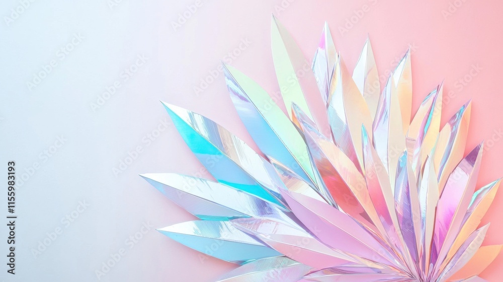 Obraz premium Silver holographic feather arrangement in fan shape on pastel background