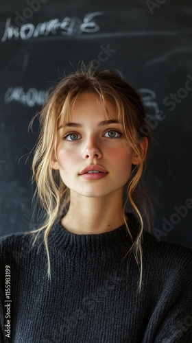 Young woman with natural beauty poses in front of a chalkboard in a cozy indo...