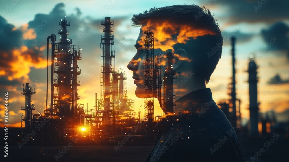 Sunset silhouette of a young man at an industrial plant urban environment photography dramatic landscape reflective concept