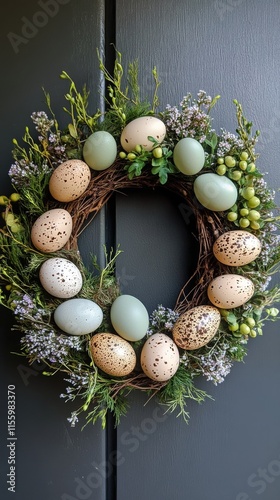 Decorative spring wreath featuring colorful eggs and greenery for seasonal ce...