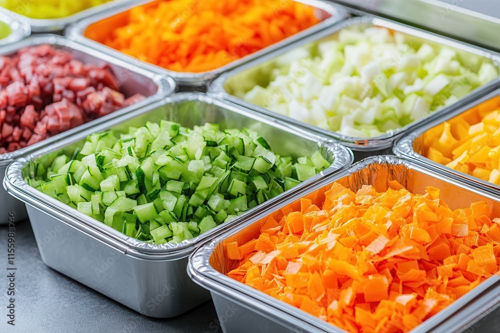 Food waste drives the circular economy. Freshly chopped vegetables in metal containers arranged neatly.