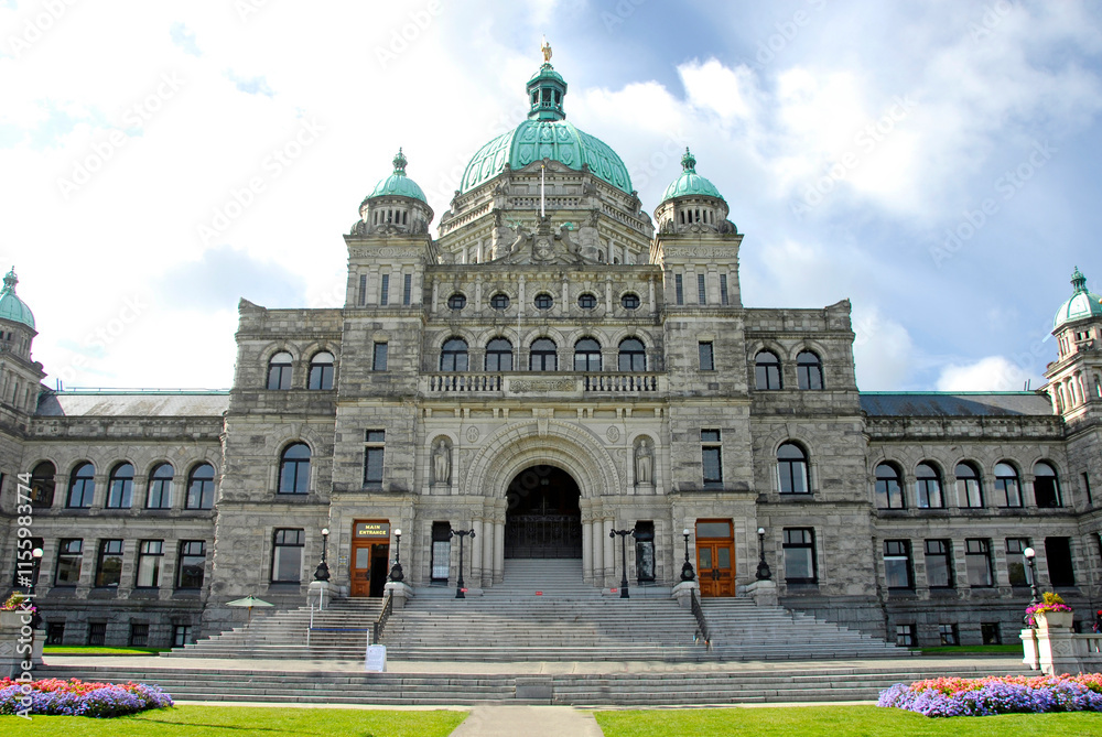 Obraz premium Parliament Buildings Legislative Assembly Victoria British Columbia BC Canada government law rules building neo-baroque design architect Francis Rattenbury. Visitors to seen visiting the capital