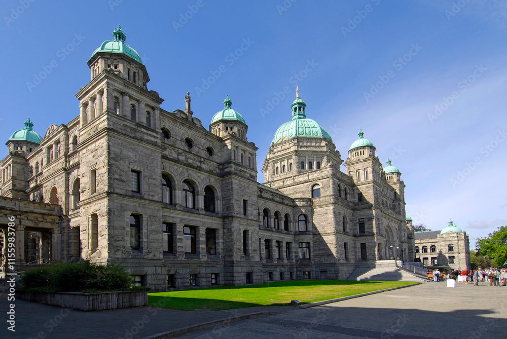 Obraz premium Parliament Buildings Legislative Assembly Victoria British Columbia BC Canada government law rules building neo-baroque design architect Francis Rattenbury. Visitors to seen visiting the capital