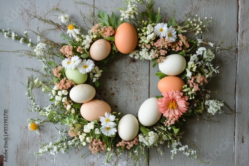 Spring wreath decorated with colorful eggs and flowers for Easter celebration