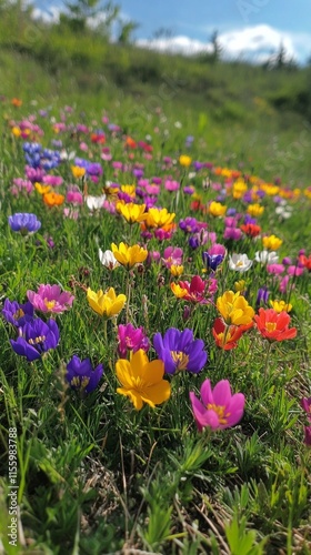 Vibrant wildflower meadow bursting with color in springtime sunshine