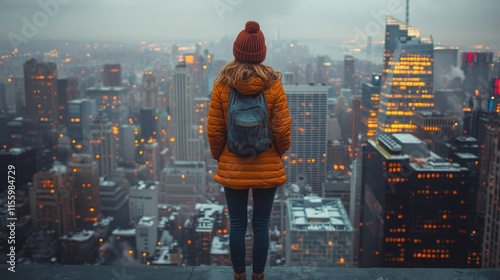 Woman in an orange coat overlooking a city skyline at dusk