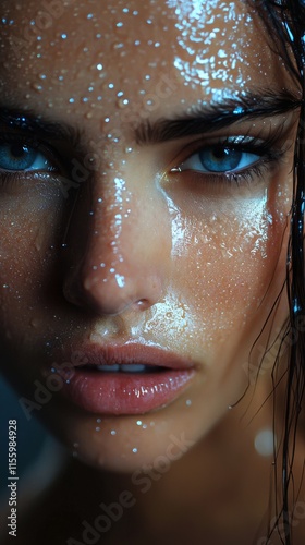 Close-up of a young woman with water droplets on her skin highlighting natura...