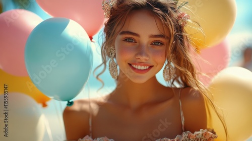Smiling woman with pink balloons in a bright outdoor setting