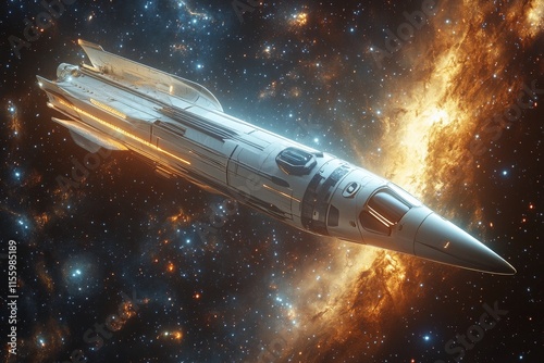 Futuristic spacecraft traveling through a vibrant cosmic landscape filled wit...