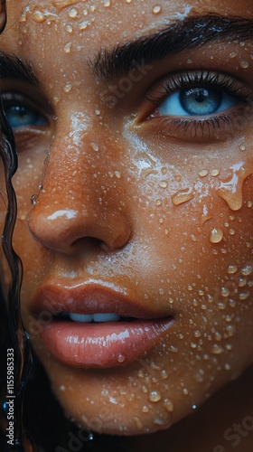 Close-up of a young woman with water droplets on her skin highlighting natura...