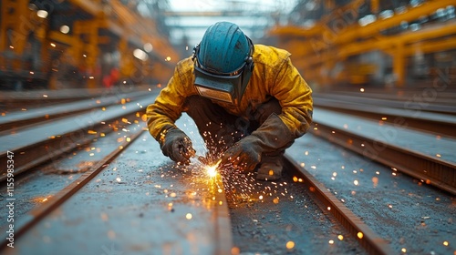Happy worker smiling in safety gear while handling metal at construction site...