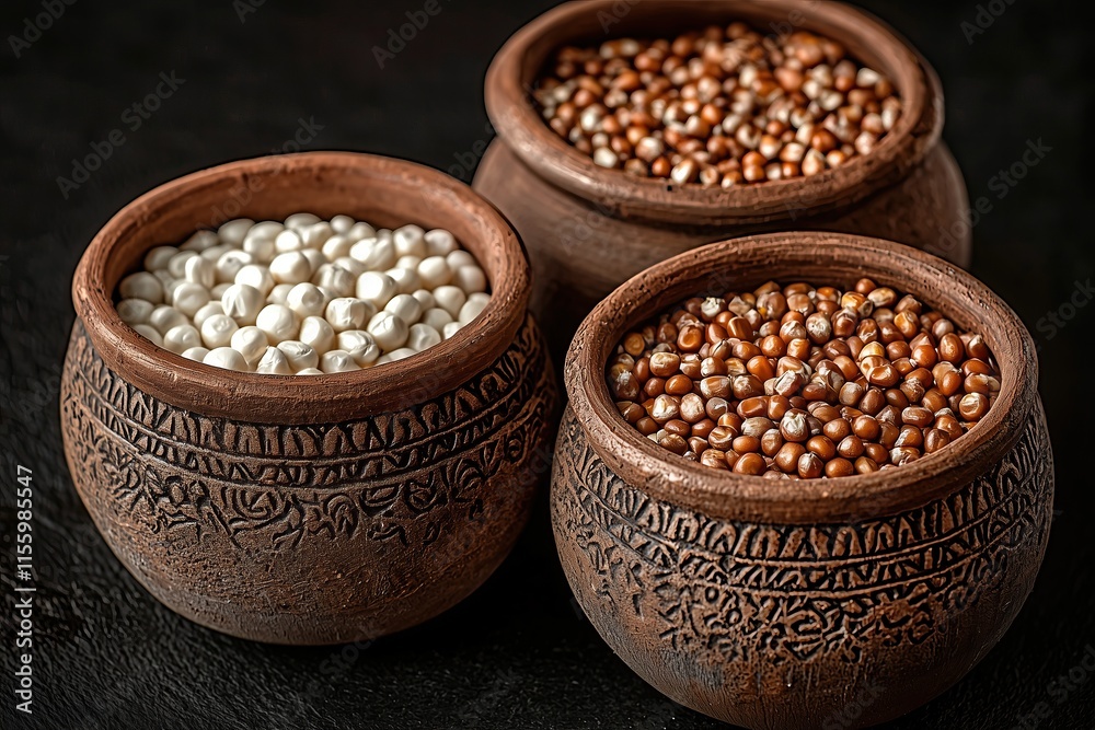 Fototapeta premium Three clay pots filled with different types of seeds or grains. A rustic and textured still life.