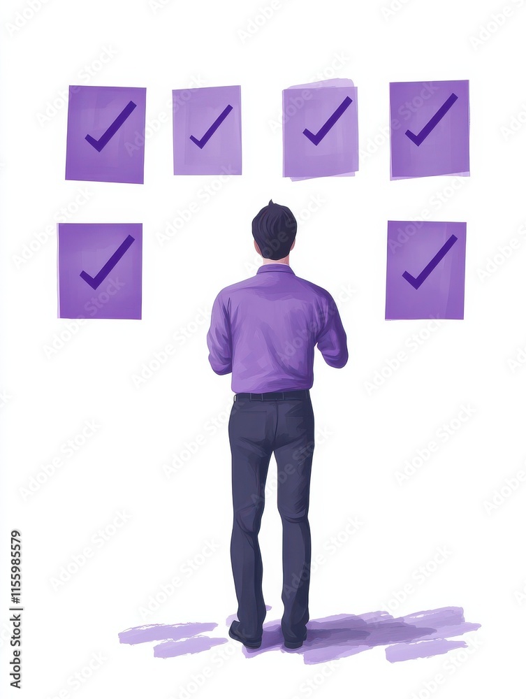 People feel in check boxes in to do list. Project task management it concept. Software development process and project management activities. Violet palette. Vector illustration on white background People feel in check boxes in to do list. Project task management it concept. Software development process and project management activities. Violet palette. Vector illustration on white background
