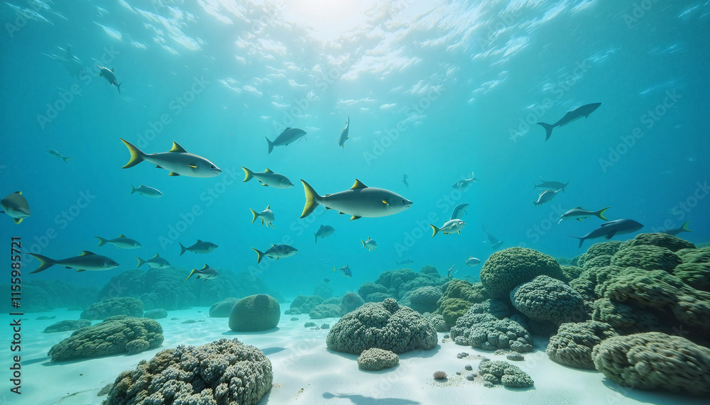Fototapeta premium Underwater scene with fish swimming among coral reef