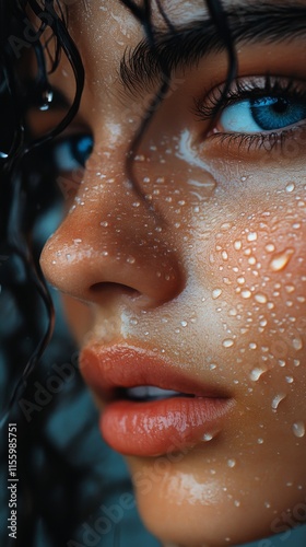 Close-up of a young woman with water droplets on her skin highlighting natura...