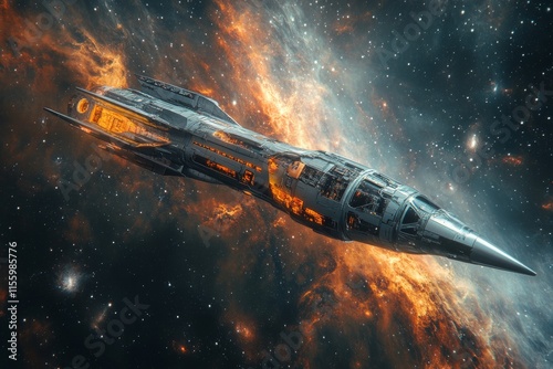 Futuristic spacecraft traveling through a vibrant cosmic landscape filled wit...