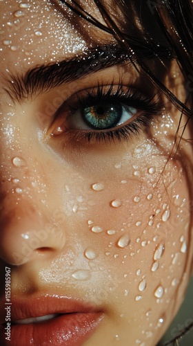 Close-up of a young woman with water droplets on her skin highlighting natura...