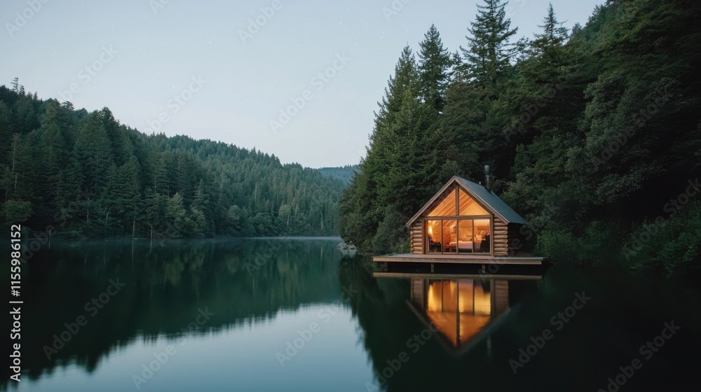 Fototapeta premium Tranquil lake cabin at dark sky reserve for stargazing vacation retreat
