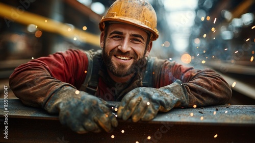 Happy worker smiling in safety gear while handling metal at construction site...