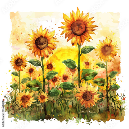 A watercolor drawing of a field of tall sunflowers with a warm autumn sunset, isolated on a white background. Sunflowers vector.
