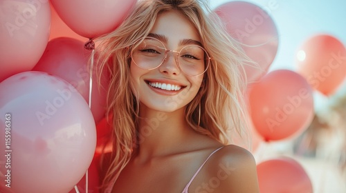 Smiling woman with pink balloons in a bright outdoor setting
