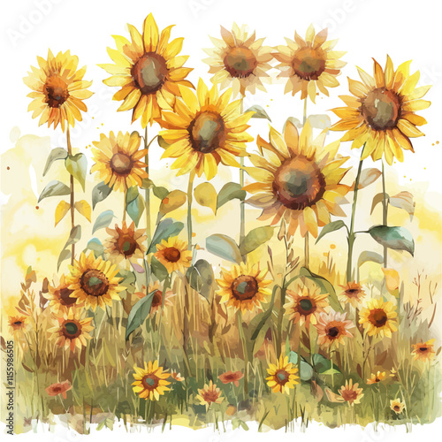 A watercolor drawing of a field of tall sunflowers with a warm autumn sunset, isolated on a white background. Sunflowers vector.
