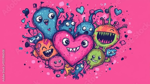 Happy Colorful Monsters Heart Shaped Group Doodle Art photo