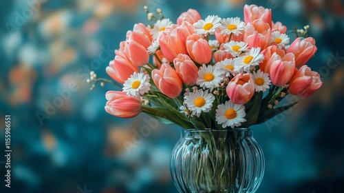 Colorful tulips and daisies arranged beautifully in a glass vase on a pastel ...