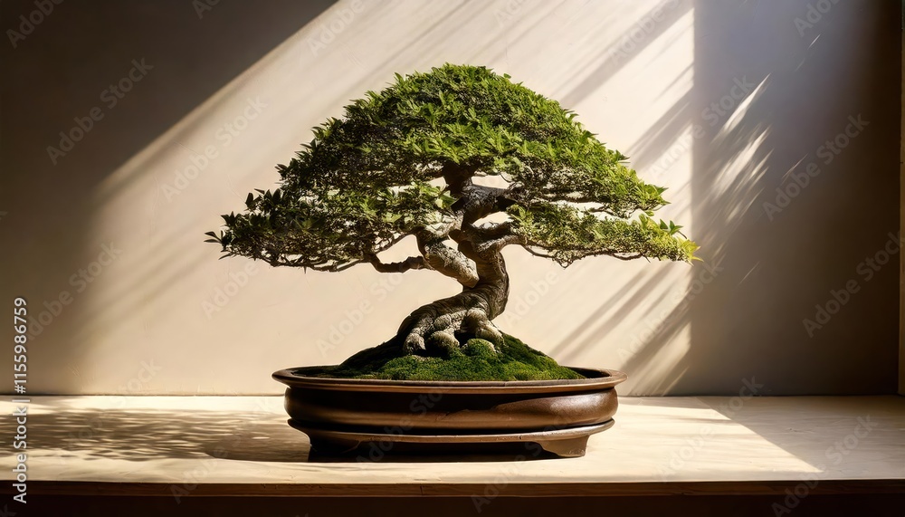A single bonsai tree with soft shadows against a neutral background in a minimalist setting A single bonsai tree with soft shadows against a neutral background in a minimalist setting