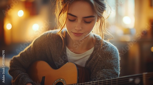 Young woman playing guitar in a cozy, warmly lit room during late afternoon