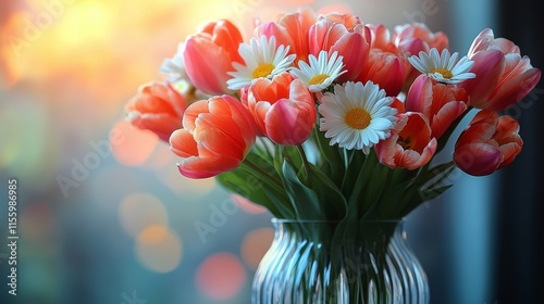 Colorful tulips and daisies arranged beautifully in a glass vase on a pastel ...
